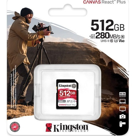 Kingston 512GB Canvas React Plus UHS-II Class10 U3 V60 SDXC memóriakártya BOX fekete